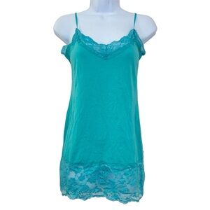 Y2K Lace Trim Spaghetti Strap Camisole Babydoll Long Layering Tank Size S/M Teal